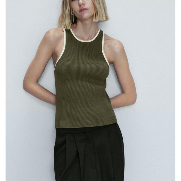 NWT Massimo Dutti Contrast Ribbed Knit Top in Green - Picture 5 of 6